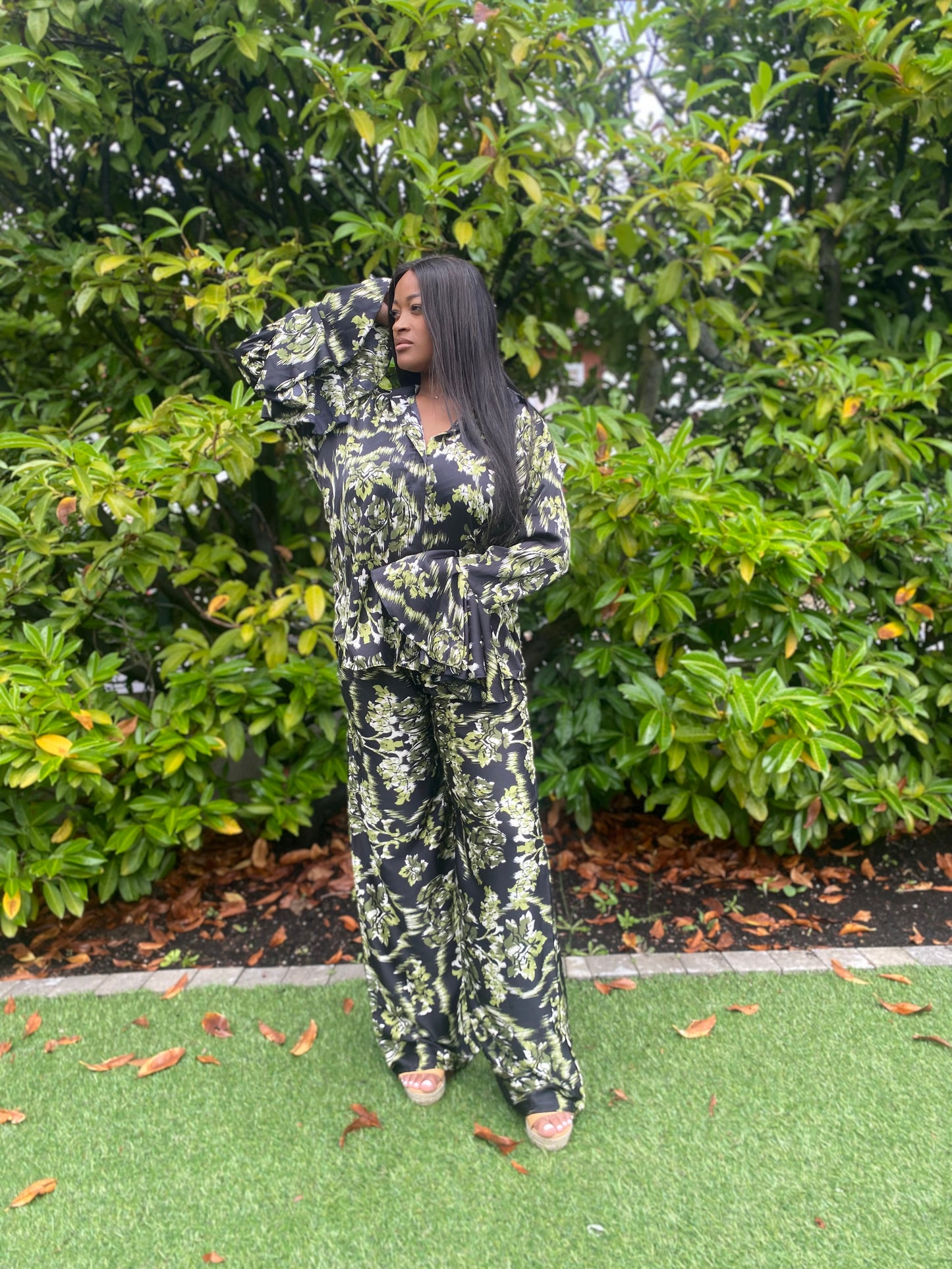 Ensemble Imprimé Satin Chemise Pantalon