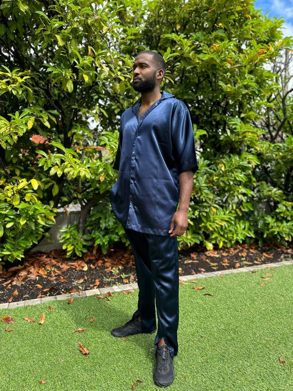 Ensemble satin chemise et pantalon bleu